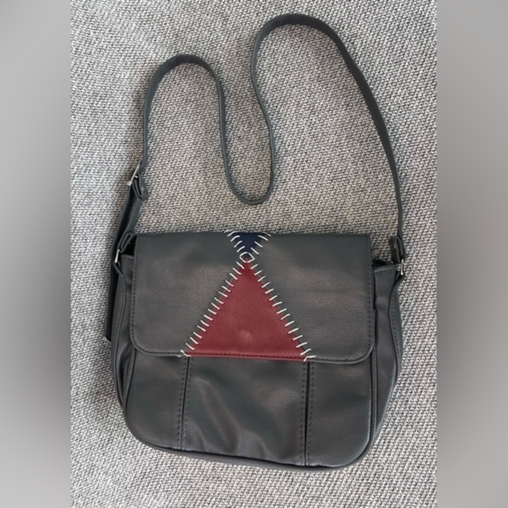 Red and Gray Crossbody Bag with V-Shaped Accent